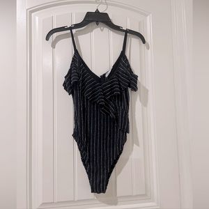 NWT Zara Trafaluc Cold Shoulder ruffled Bodysuit Metallic Stripe  Top Size M
